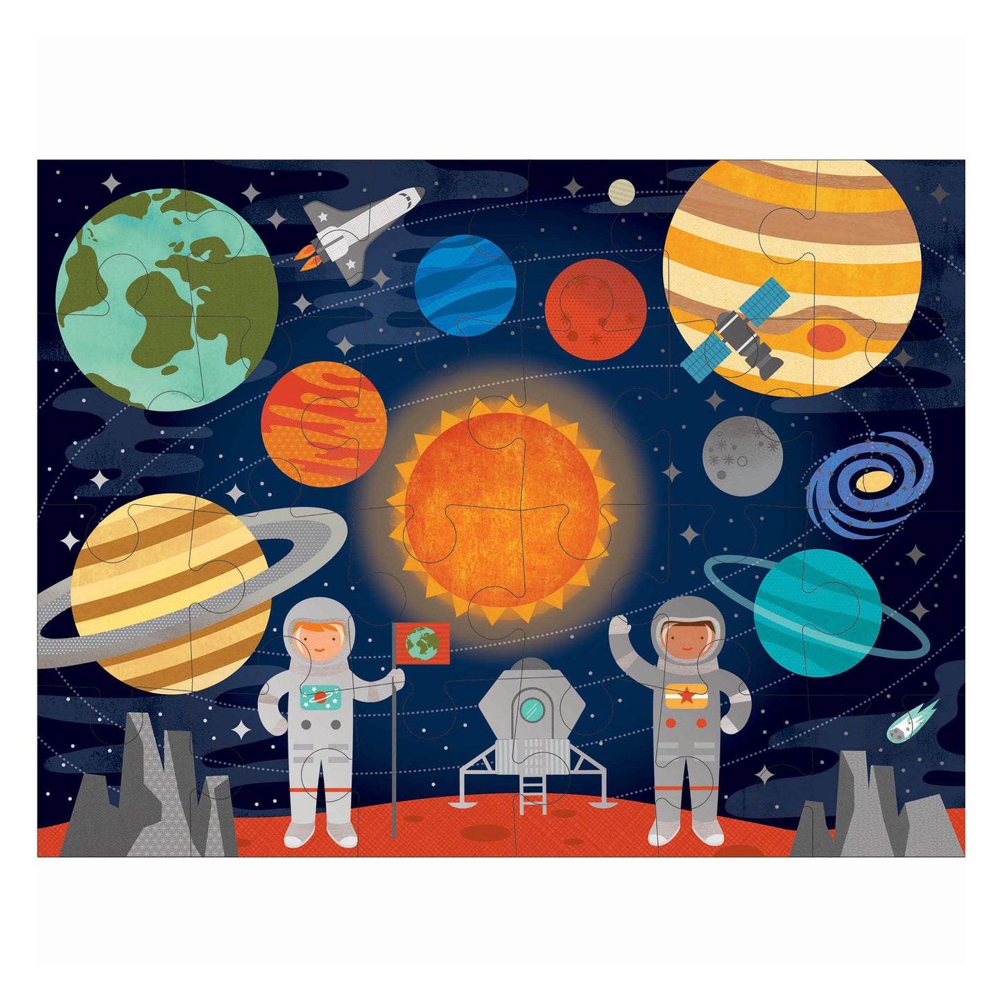 Children's puzzle with space-themed design featuring planets, astronauts, and spacecraft.