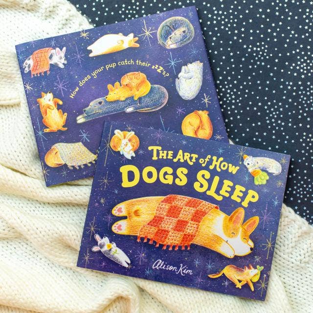 Two books titled 'The Art of How Dogs Sleep' on a textured surface with a starry night design.