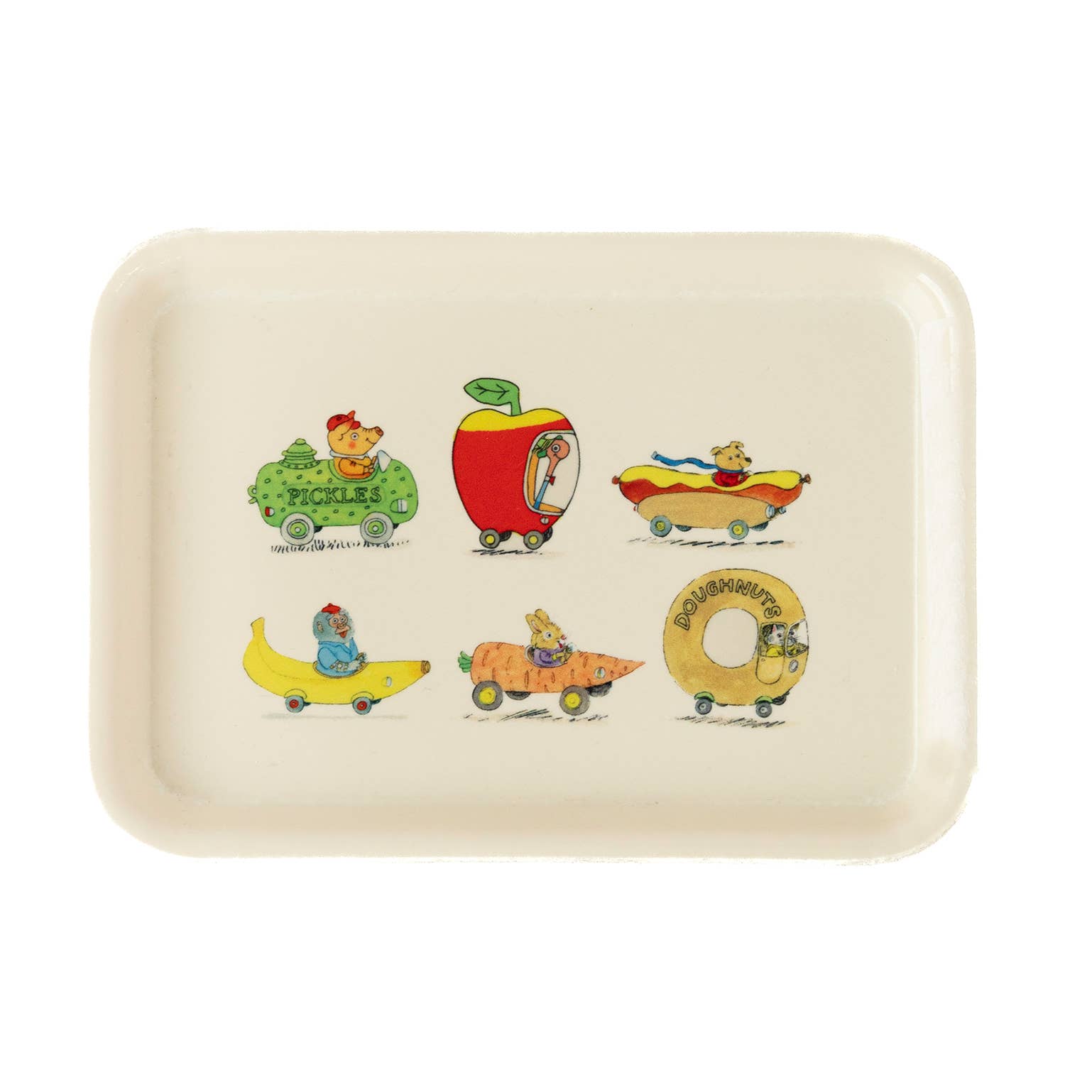 Rectangular tray with cartoon illustrations of fruits and vegetables on a white background