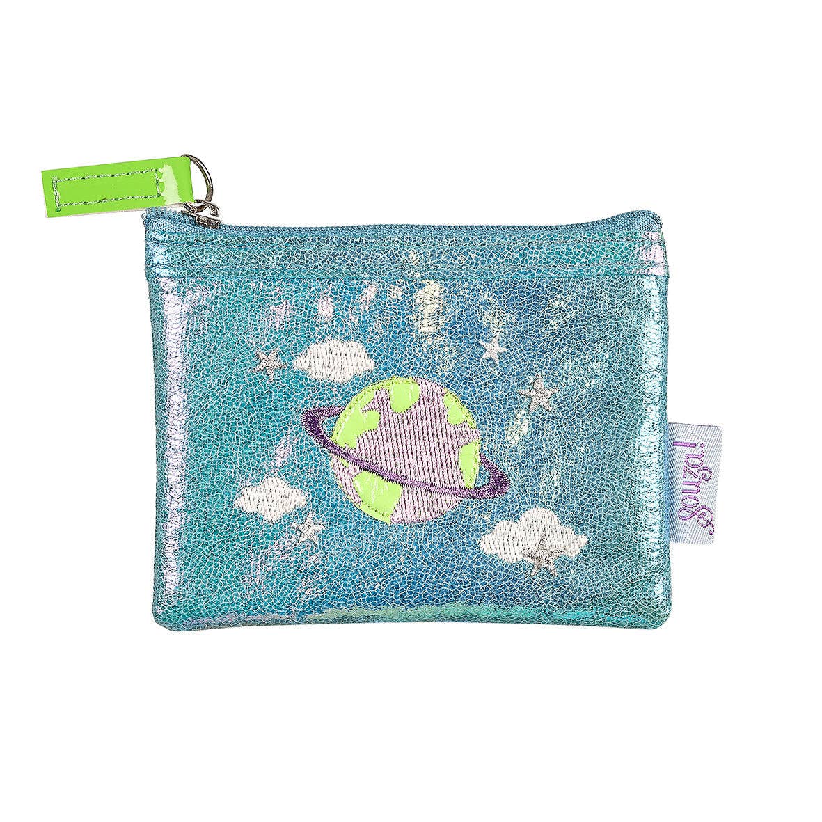 Small blue coin purse with space-themed design on a white background