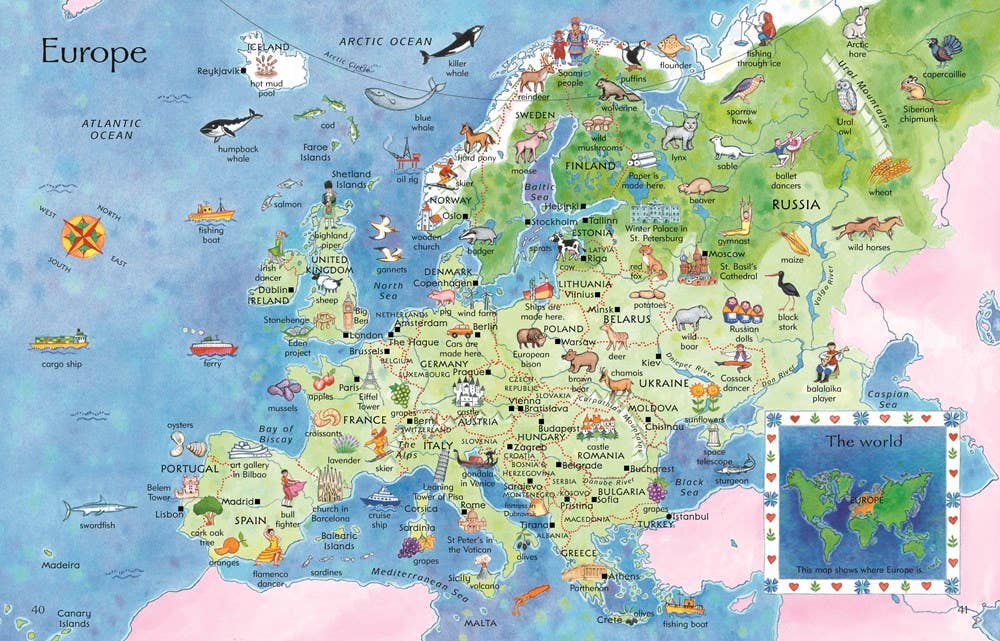 Cartoon map of Europe with various illustrations and labels