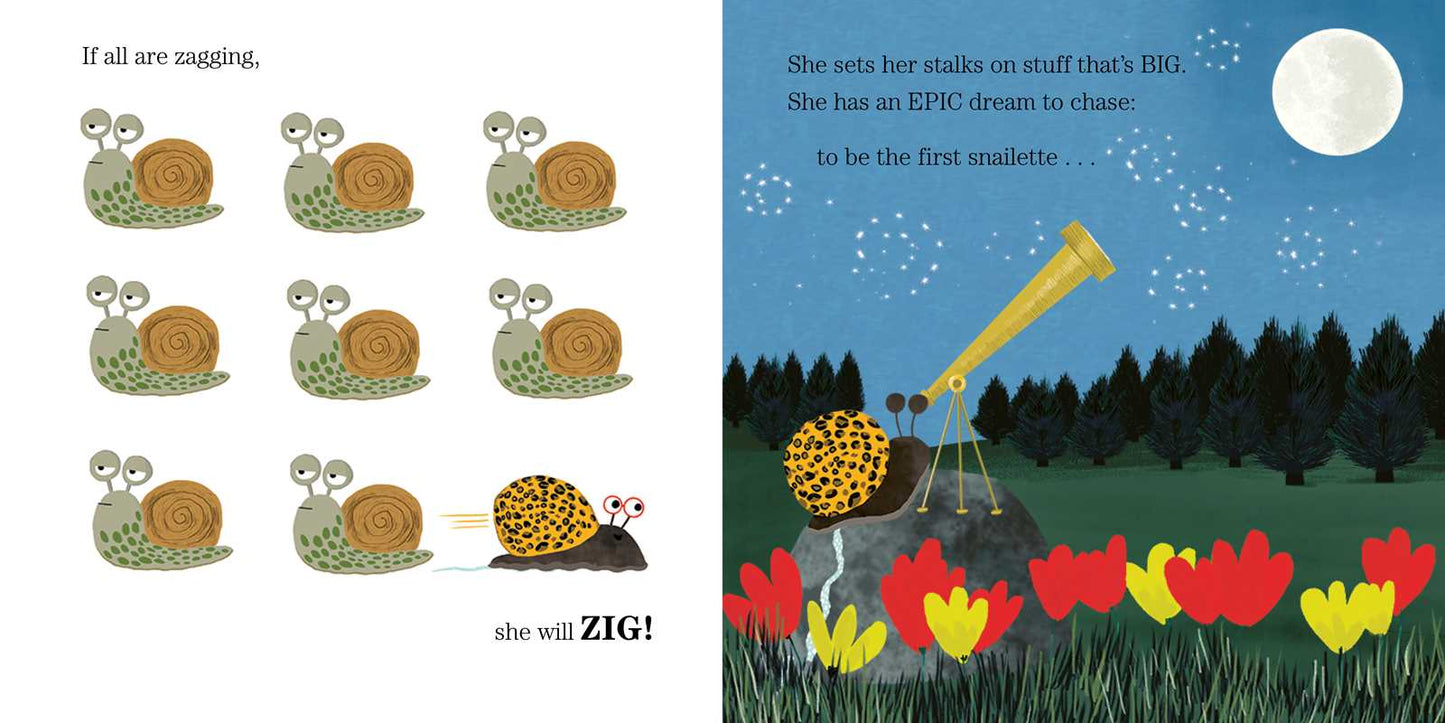Illustrated book page with snails and a character with a telescope in a forest.
