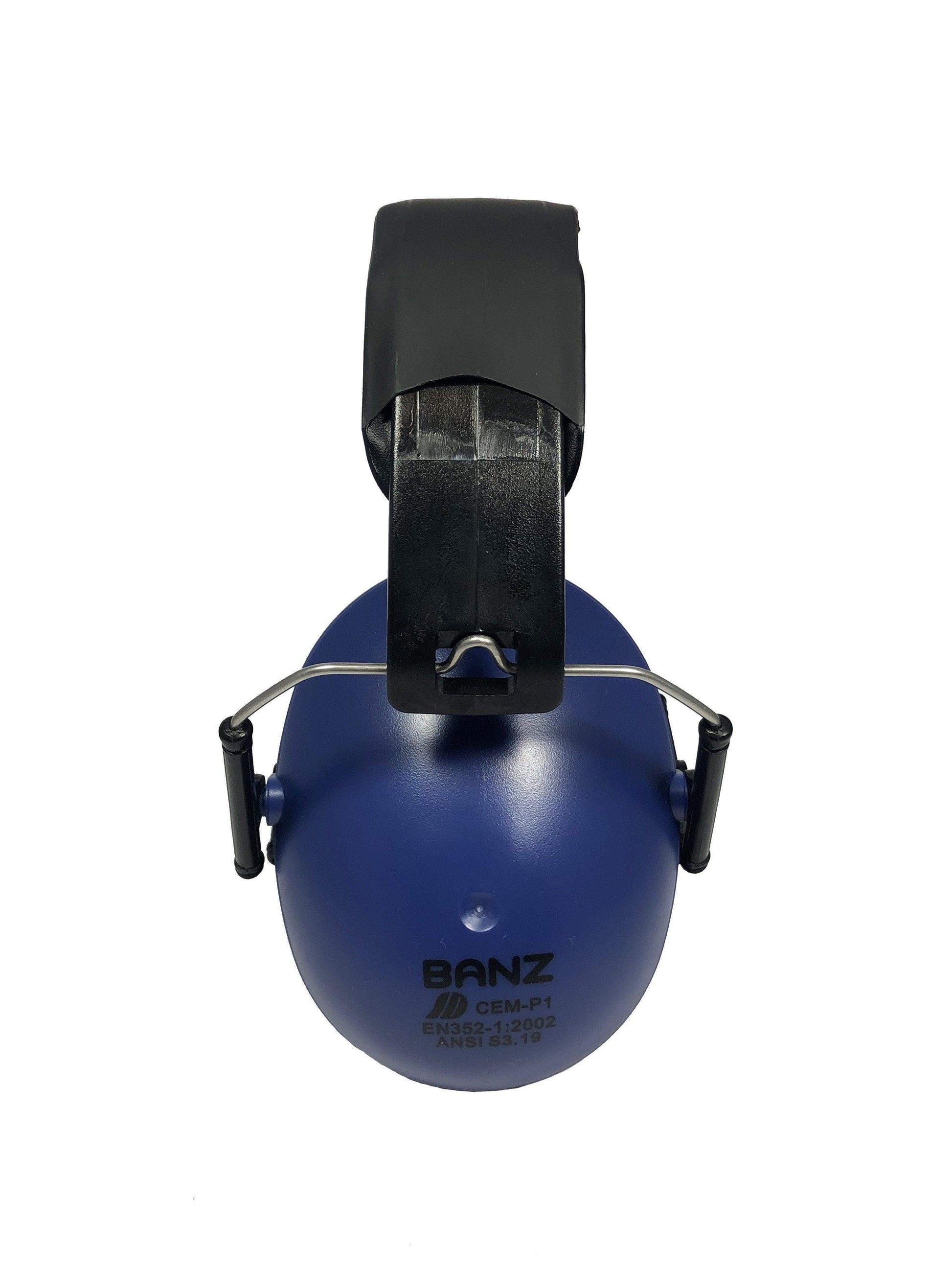 Blue ear defender with black clip on a white background