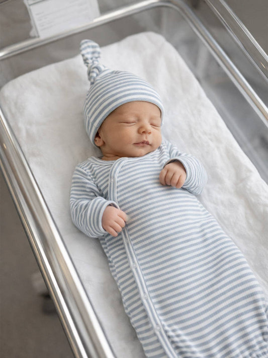 Dusty Blue Stripe Ribbed Newborn Gown