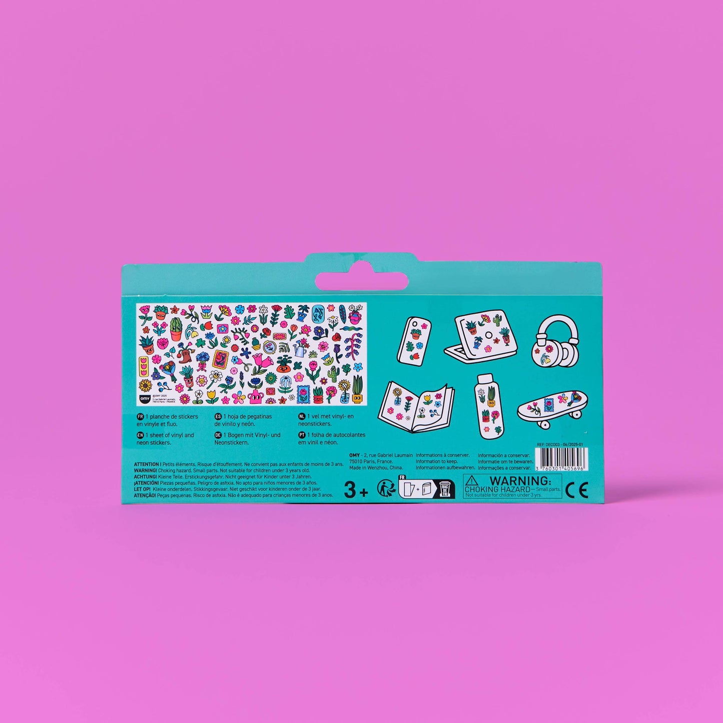 Teal packaging with colorful illustrations on a pink background