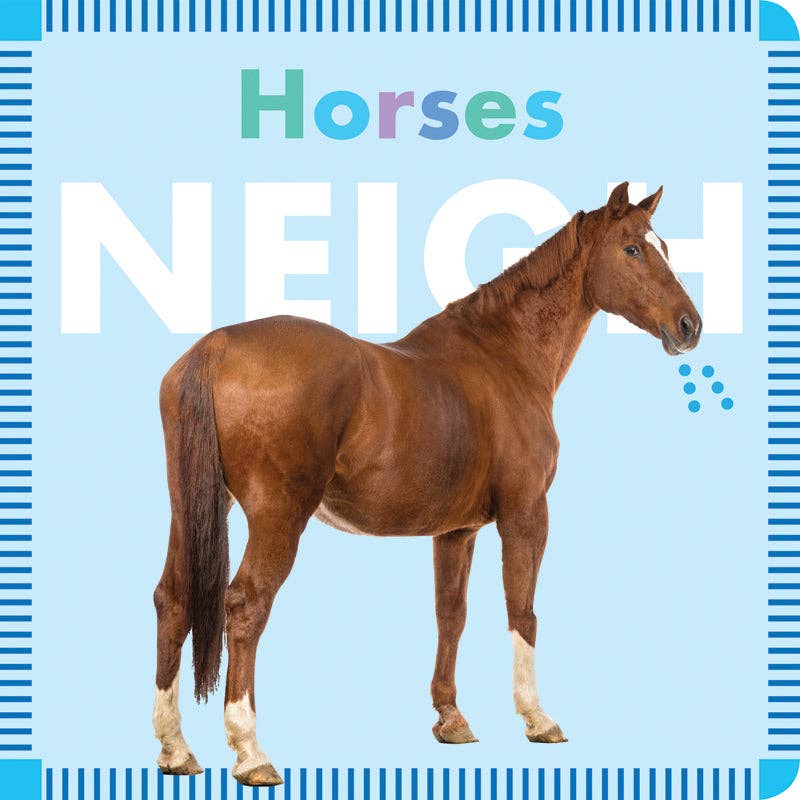 Brown horse on a blue background with 'Horses NEIGH' text