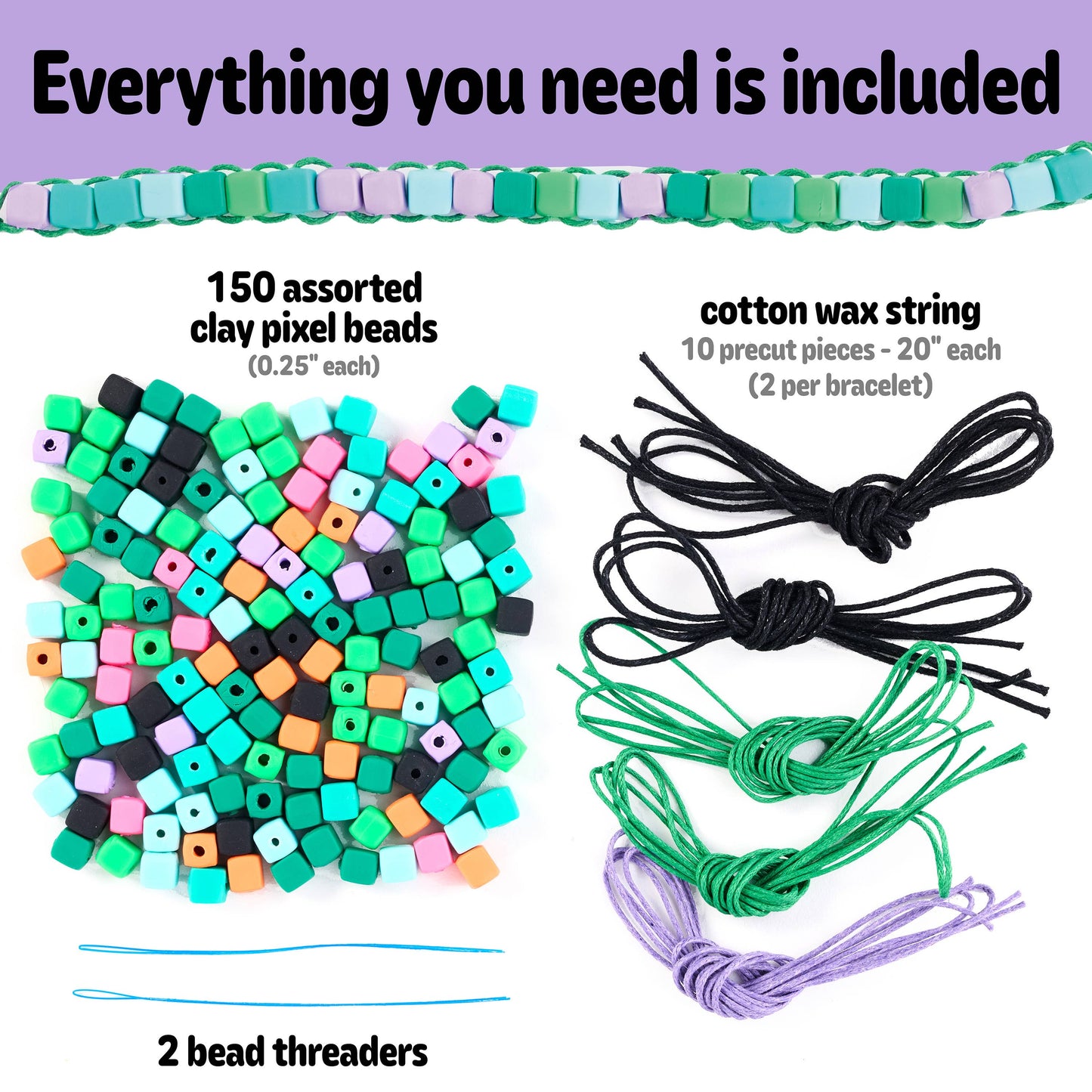 Assorted clay pixel beads, cotton wax string, and bead threaders on a white background with text indicating included items.