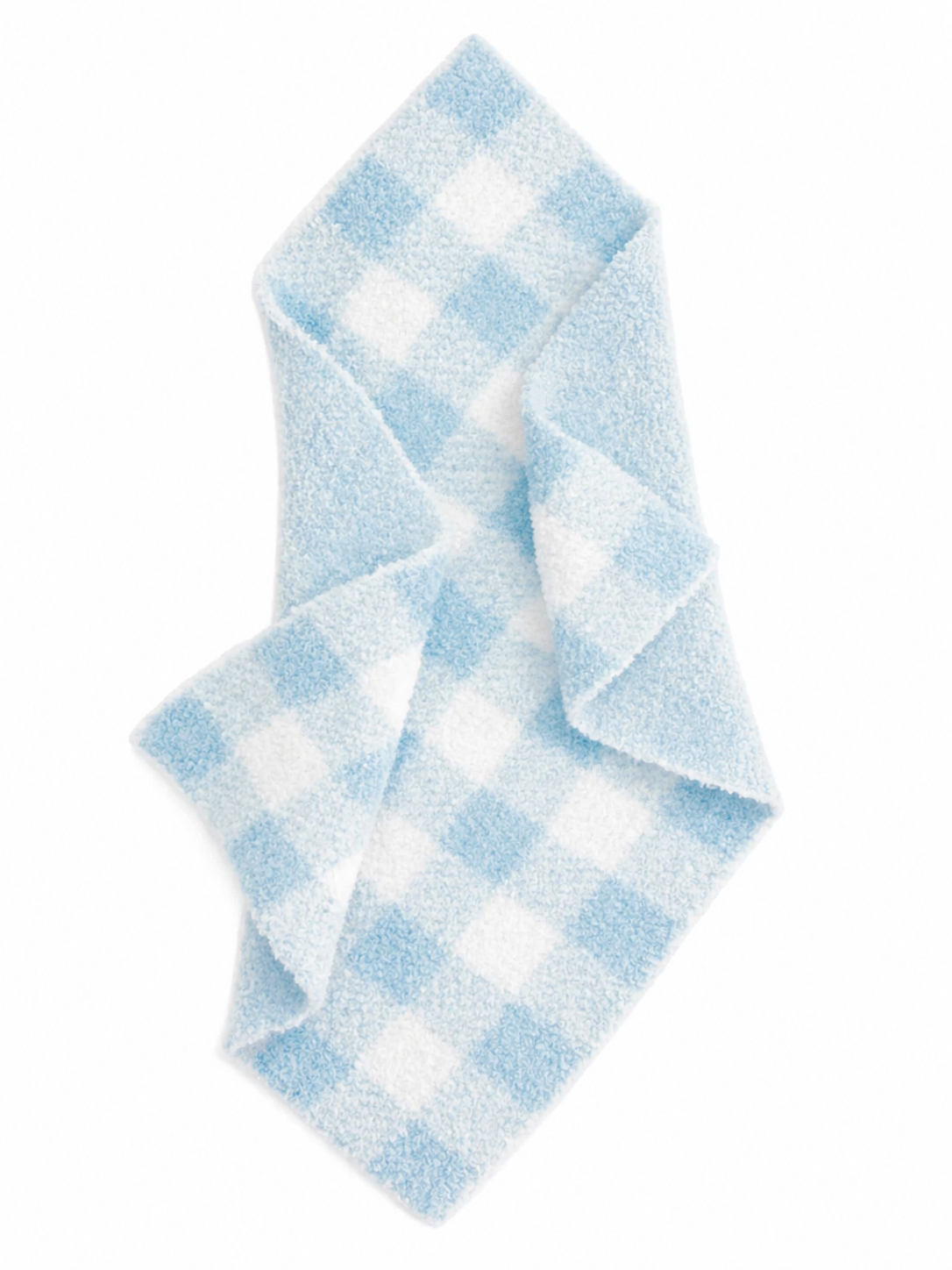 Blue and white gingham baby blanket on a white background