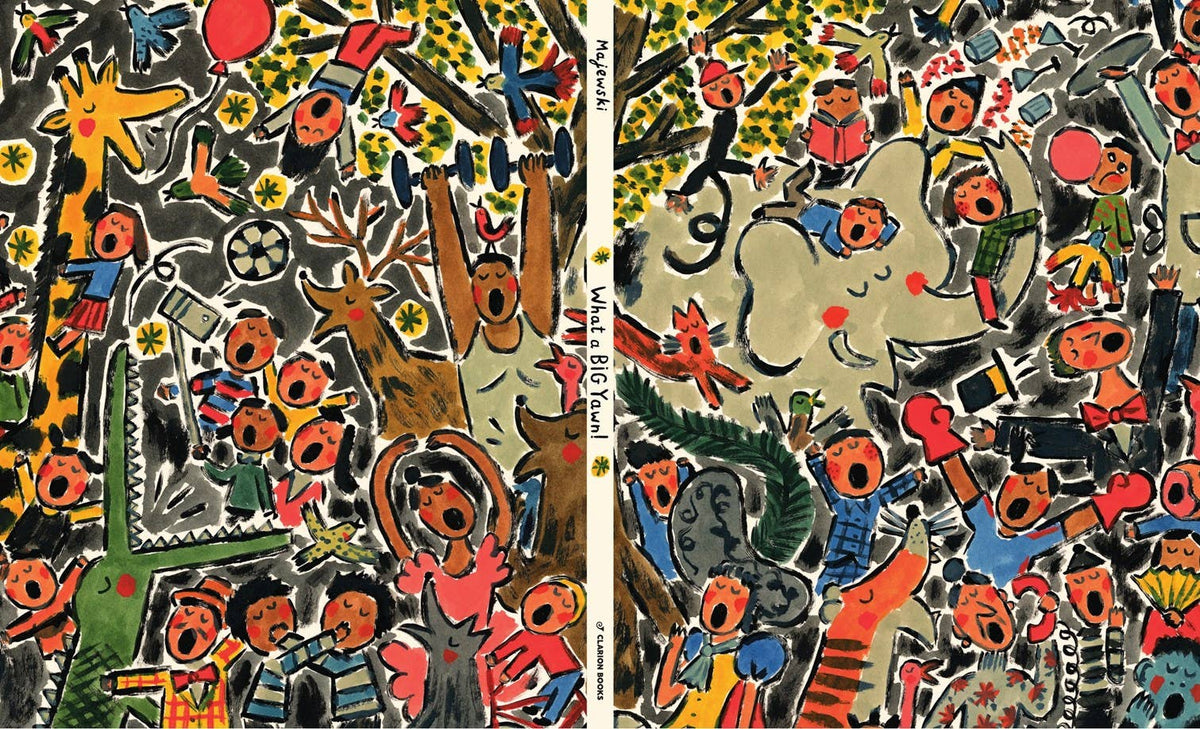 A two-panel colorful artwork filled with dense, whimsical illustrations of people, animals, trees, and abstract shapes outlined in black. The style is expressive and multicolored rather than a clean product shot, and there is no visible real-world environment or person modeling a product.