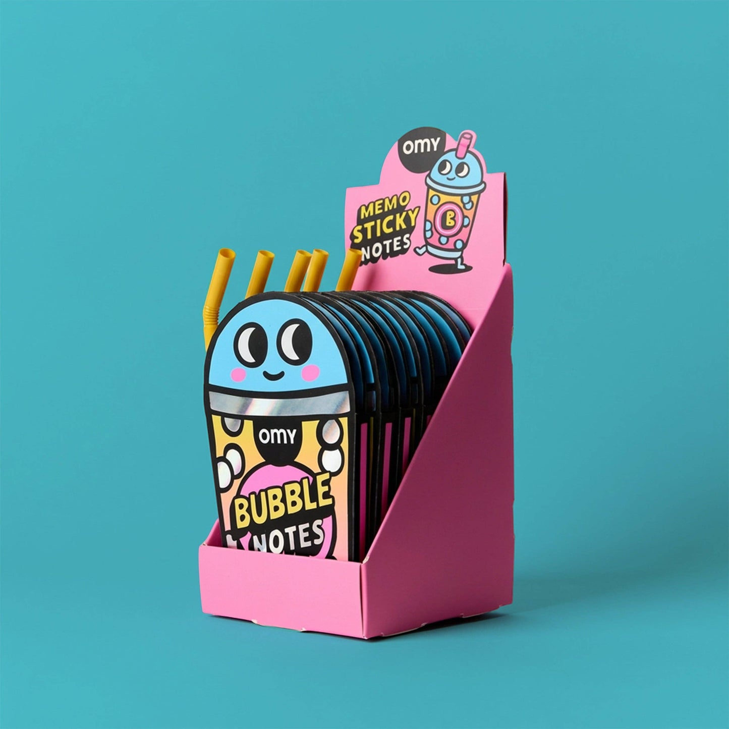 Pink display stand with cartoon character packaging on a teal background