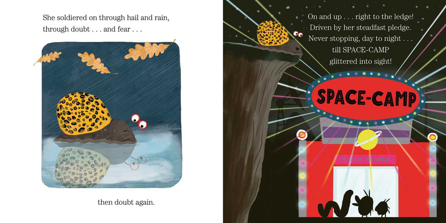 Illustrated book page with a snail and space camp sign