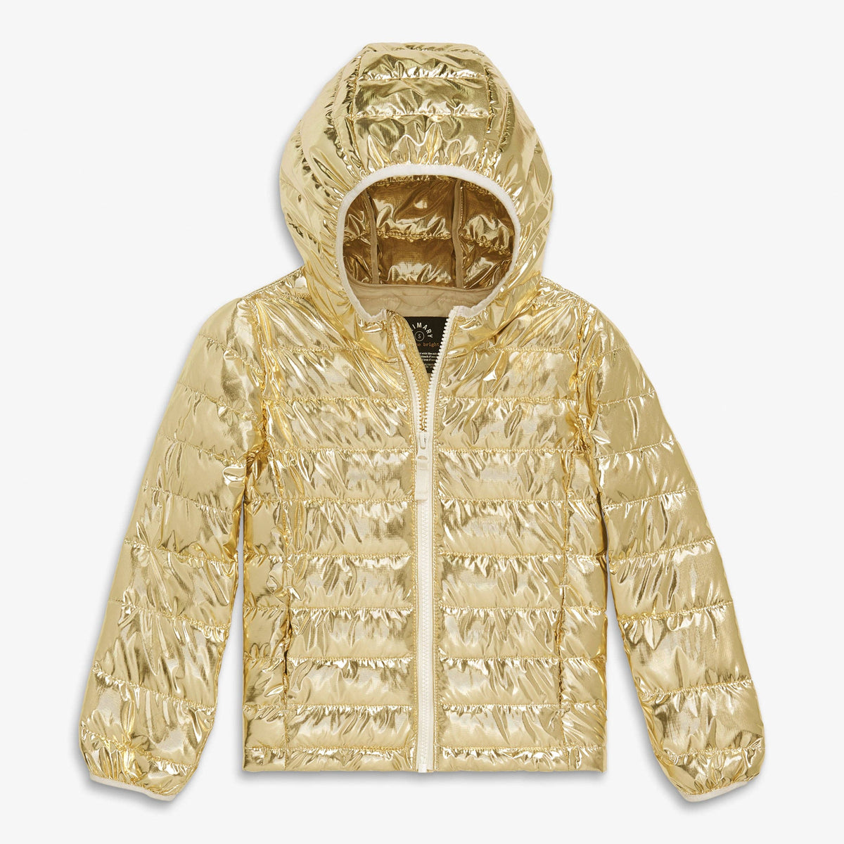 A shiny metallic gold puffer jacket with horizontal quilting, a full front zipper, and a hood, shown against a plain light gray background.