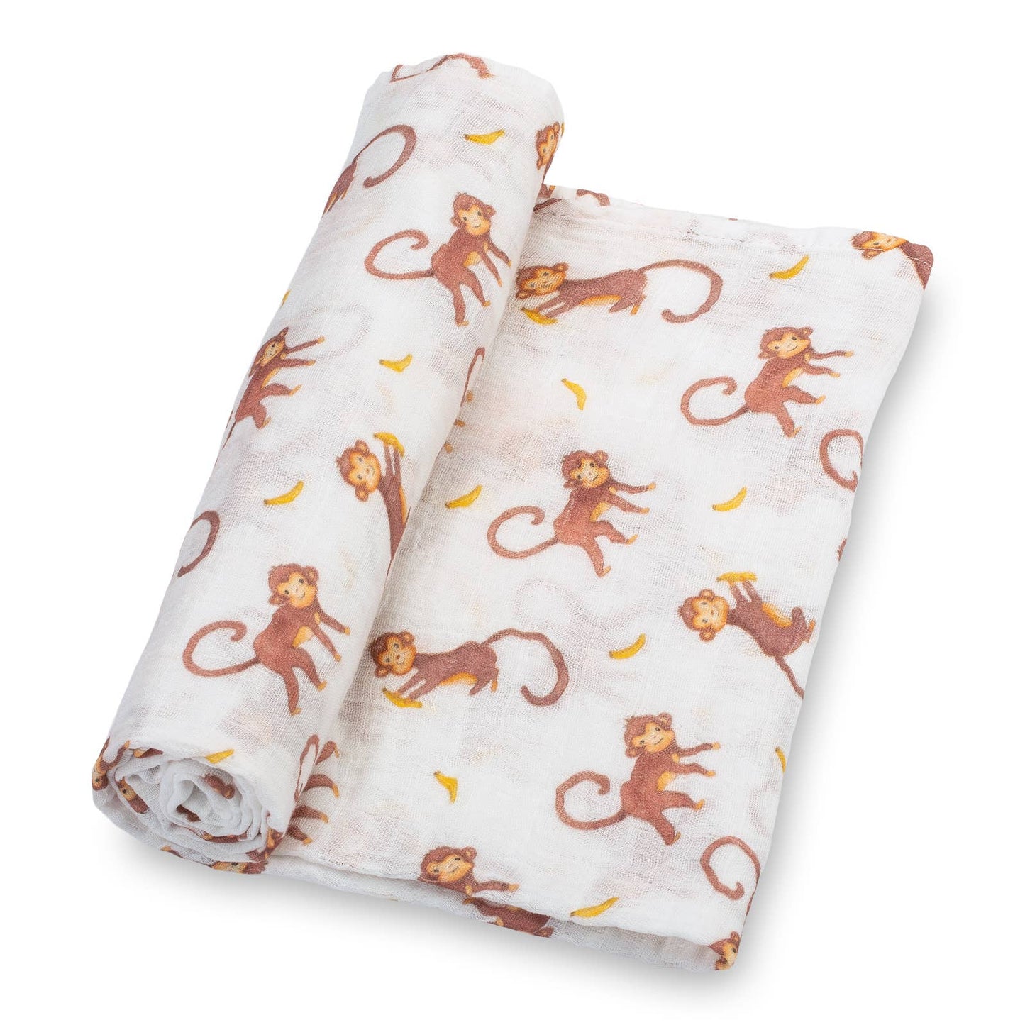 Rolled up baby swaddle blanket with monkey and banana pattern on a white background