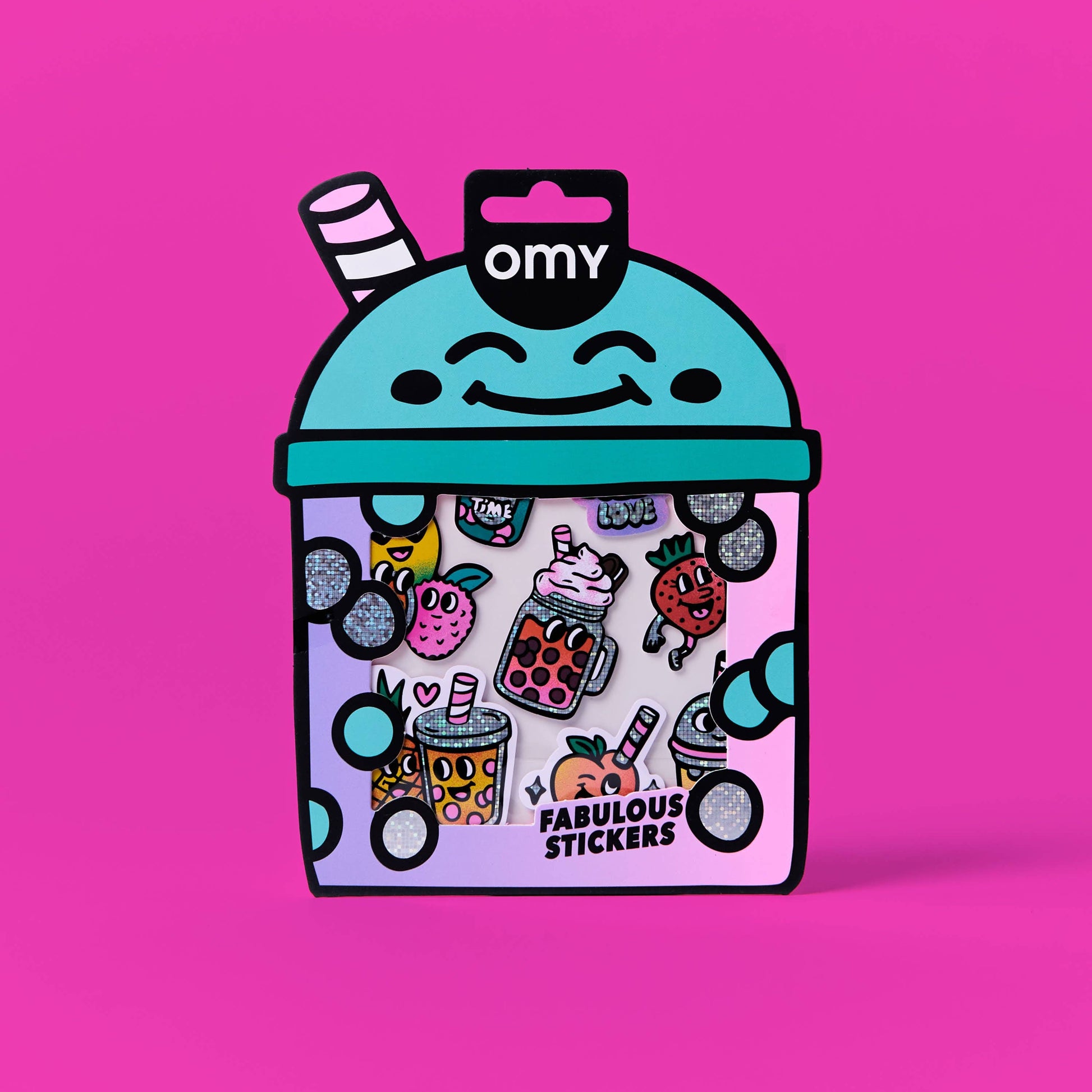 Pack of stickers with a happy face design on a pink background