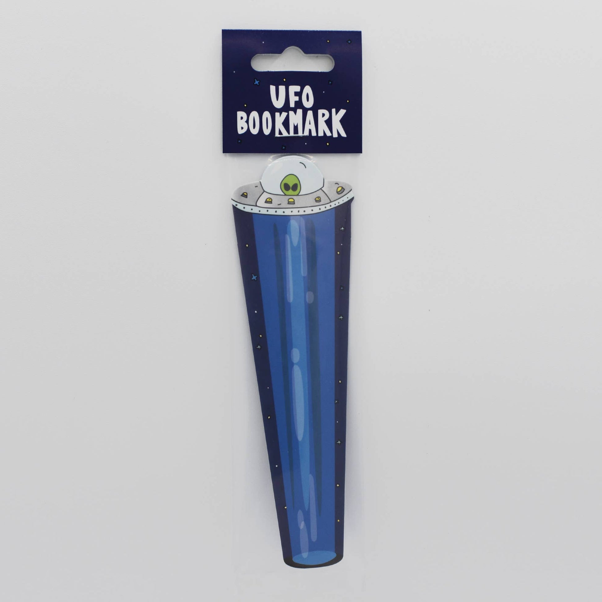 UFO-shaped bookmark with a green alien face on a gray background