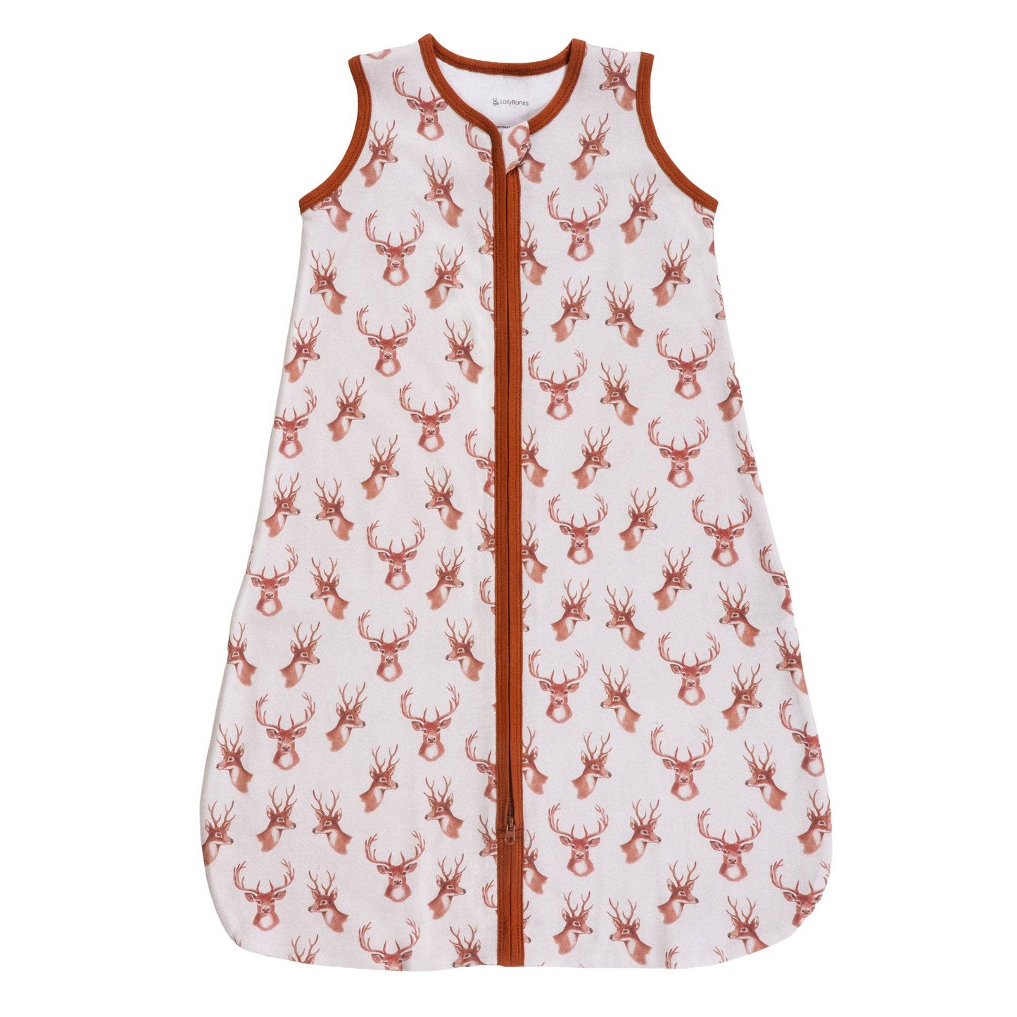 Baby sleeping pajama sack with deer pattern on a white background