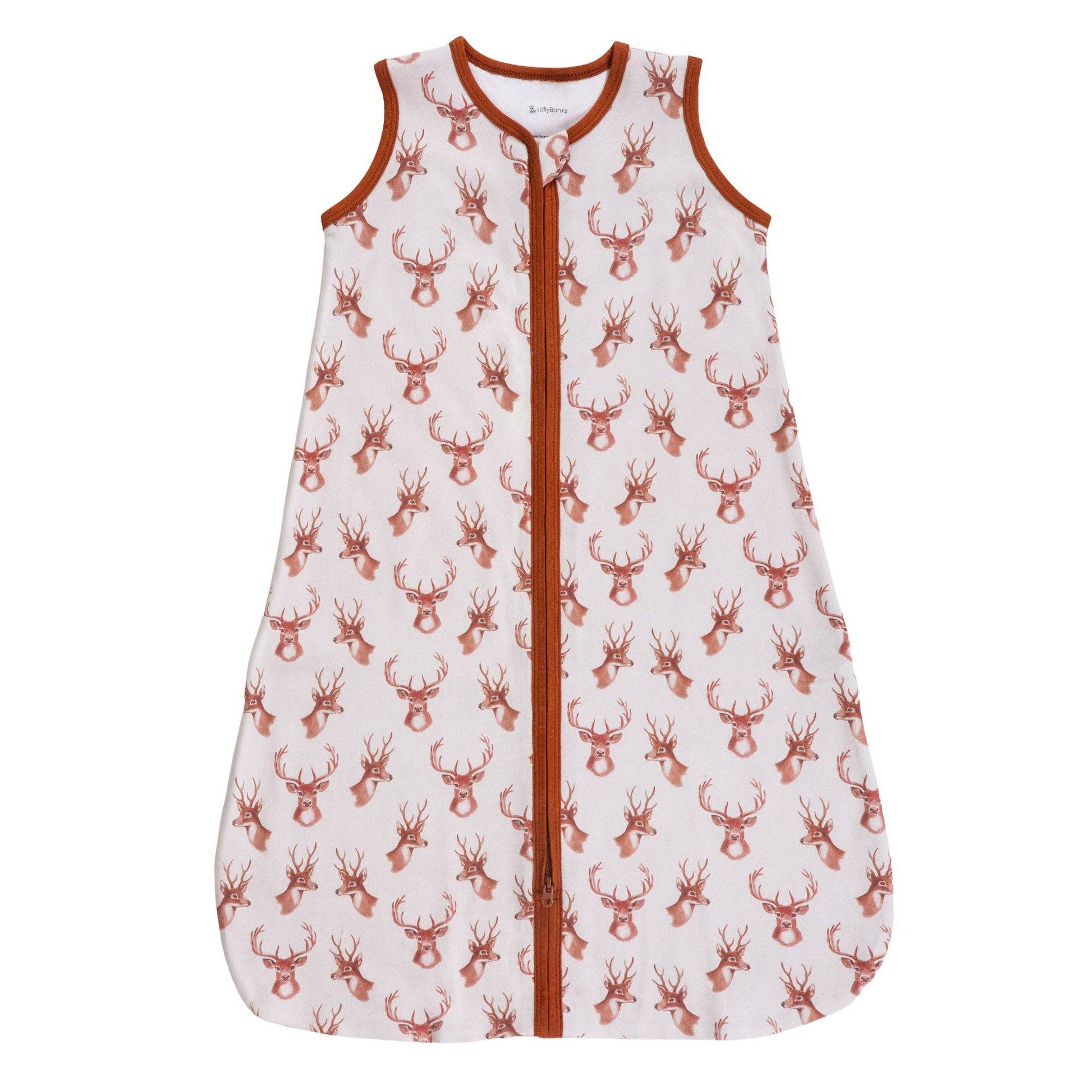 Baby sleeping pajama sack with deer pattern on a white background