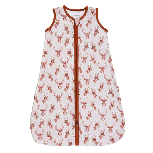 Baby sleeping pajama sack with deer pattern on a white background