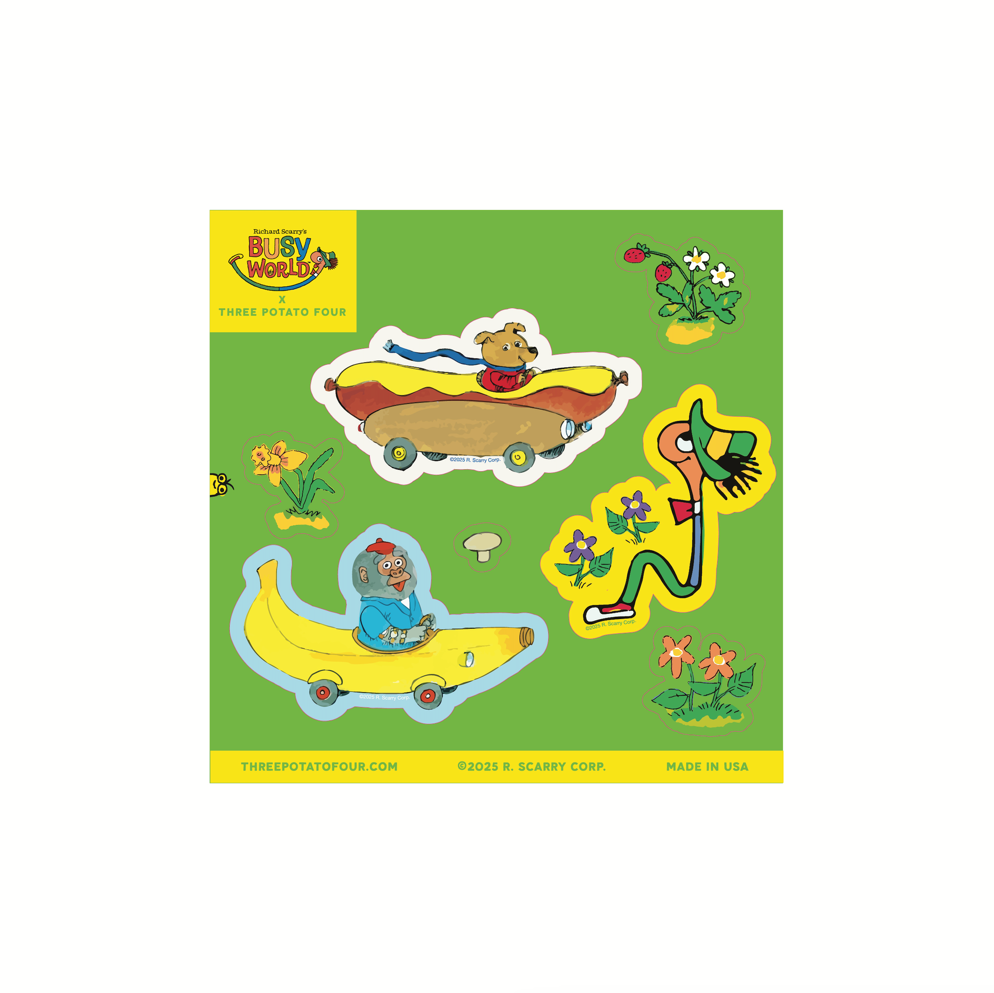 Sticker set with cartoon characters on a green background