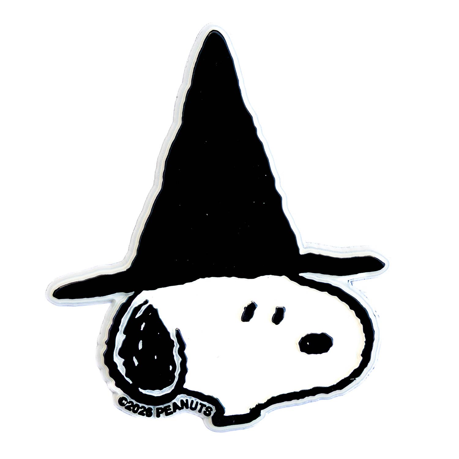 A die-cut sticker featuring Snoopy wearing a black witch hat, with a white background and a visible '©2023 PEANUTS' copyright mark near the bottom left.