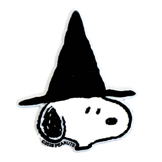 A die-cut sticker featuring Snoopy wearing a black witch hat, with a white background and a visible '©2023 PEANUTS' copyright mark near the bottom left.