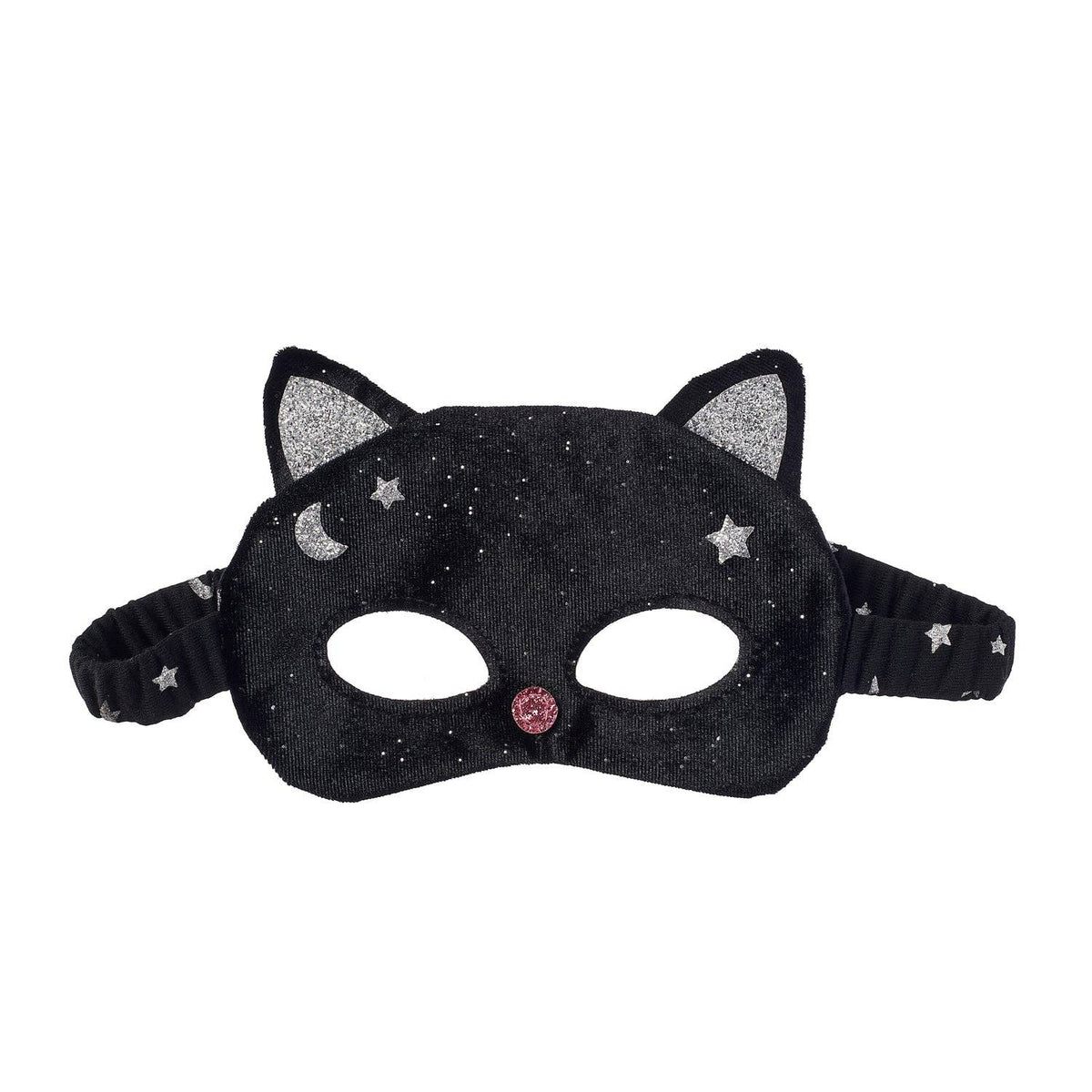 A black cat-themed mask with glittery silver ears, stars, and a crescent moon, featuring a small pink rhinestone nose and an elastic strap with star details.