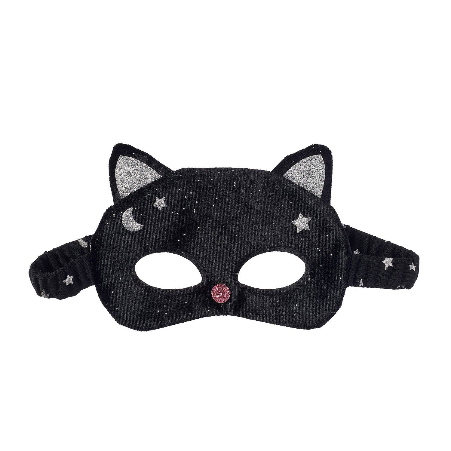 A black cat-themed mask with glittery silver ears, stars, and a crescent moon, featuring a small pink rhinestone nose and an elastic strap with star details.