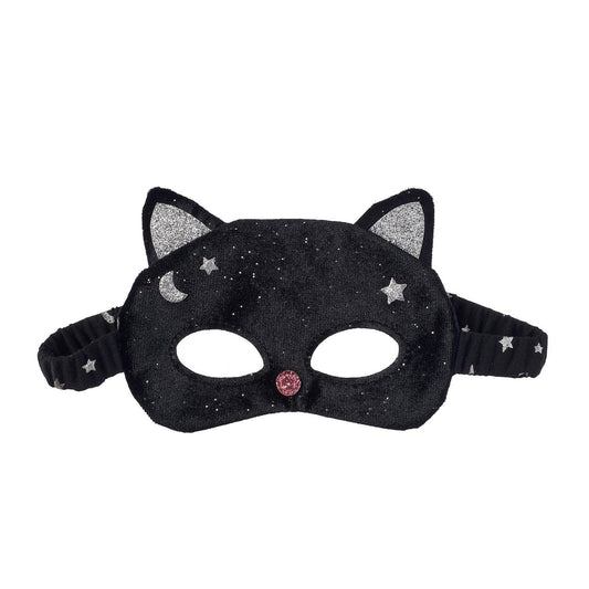 A black cat-themed mask with glittery silver ears, stars, and a crescent moon, featuring a small pink rhinestone nose and an elastic strap with star details.