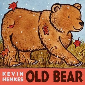 Illustration of a bear from 'Old Bear' by Kevin Henkes with a blue background and red leaves.