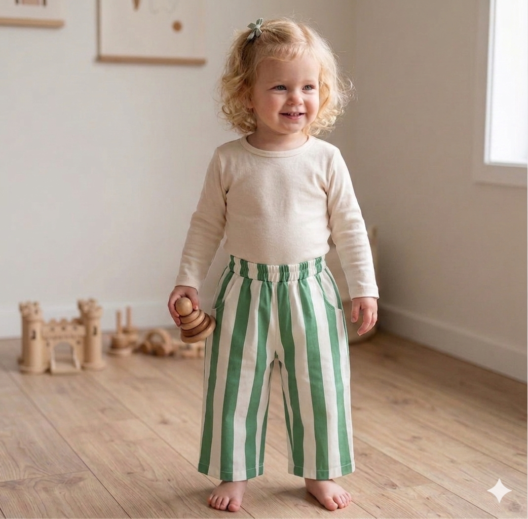 Child wearing a cream long-sleeve shirt and green and white striped pants standing in a room with wooden flooring and toys.