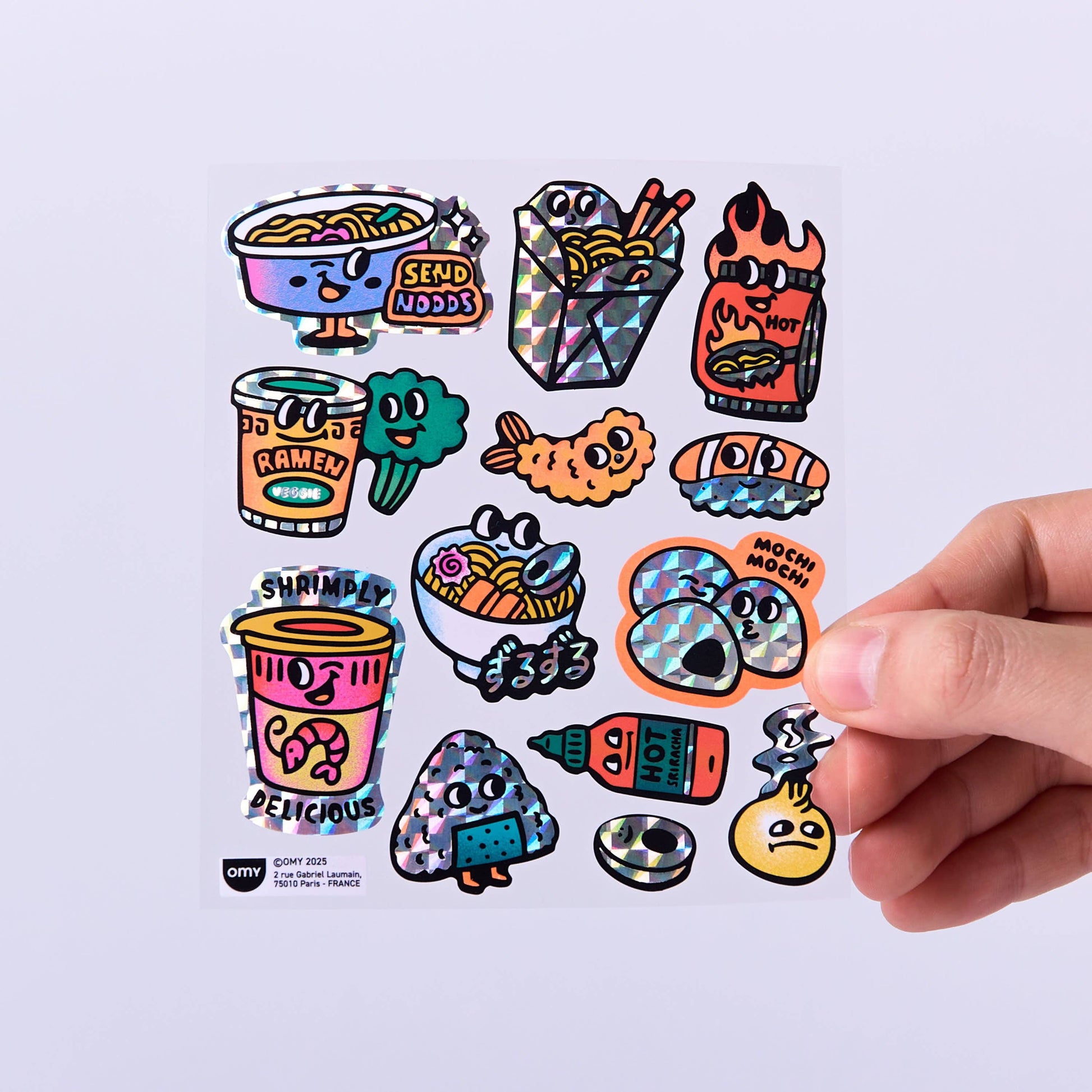 Colorful cartoon-style food and drink stickers on a light purple background with a hand holding one of them.