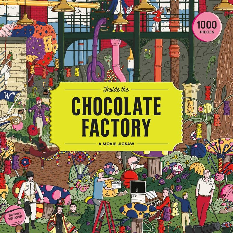 Colorful jigsaw puzzle box titled 'Inside the Chocolate Factory' with various characters and elements.
