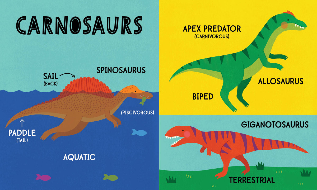 Educational poster about carnosaurs with illustrations and labels on a blue and yellow background.