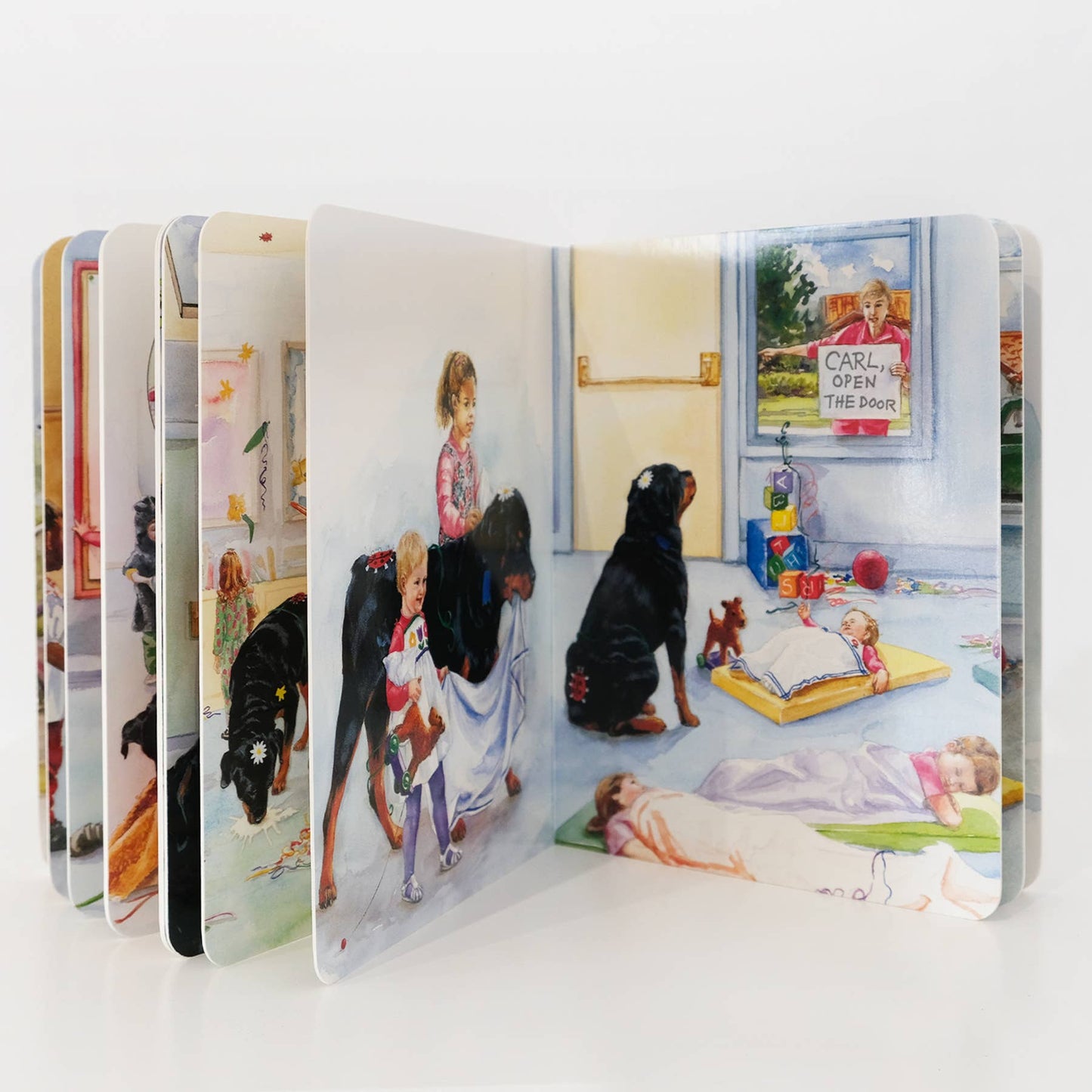 Children's book with illustrations of children and dogs in a classroom setting