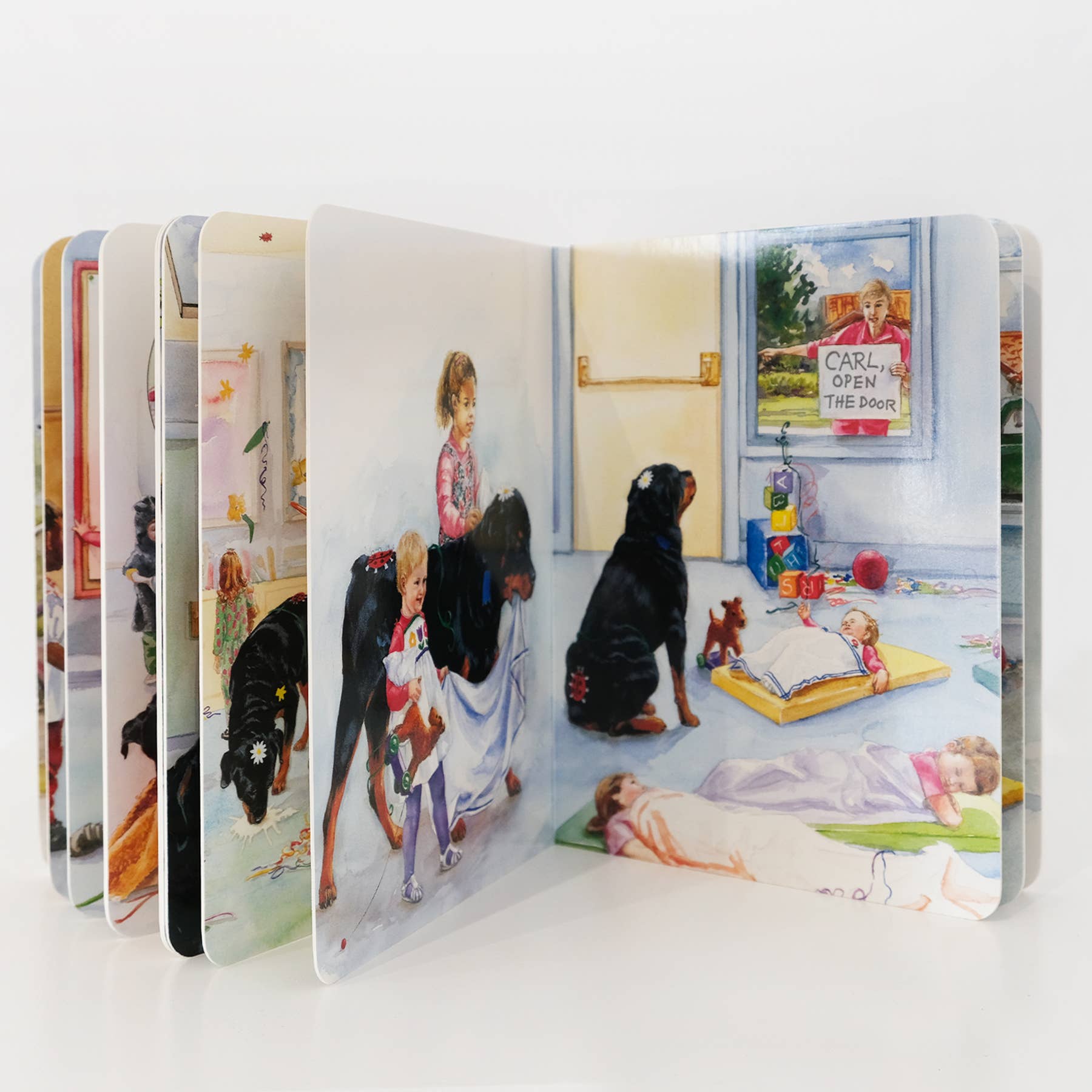 Children's book with illustrations of children and dogs in a classroom setting