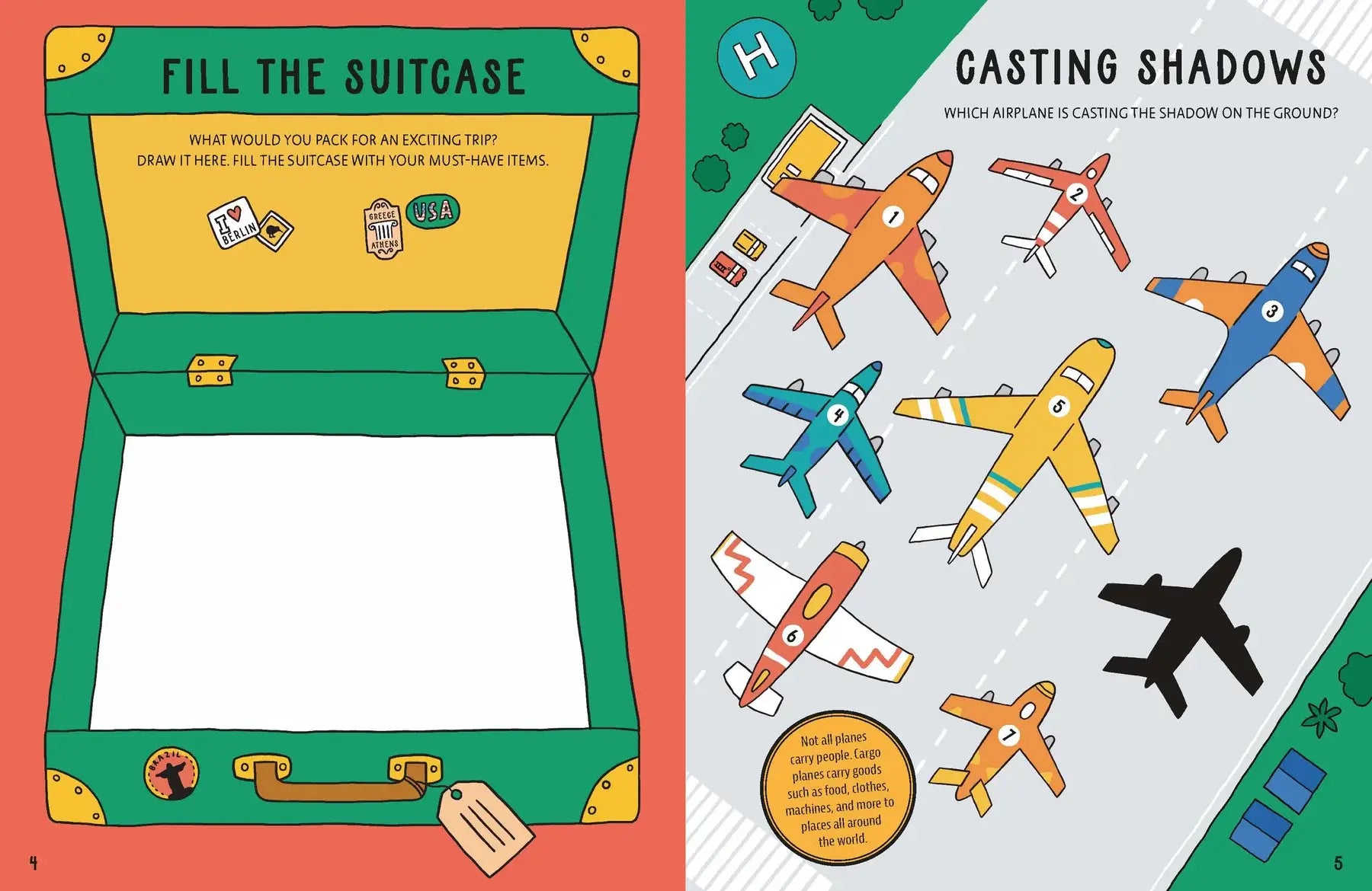 Children's book pages with a suitcase and airplane illustrations.