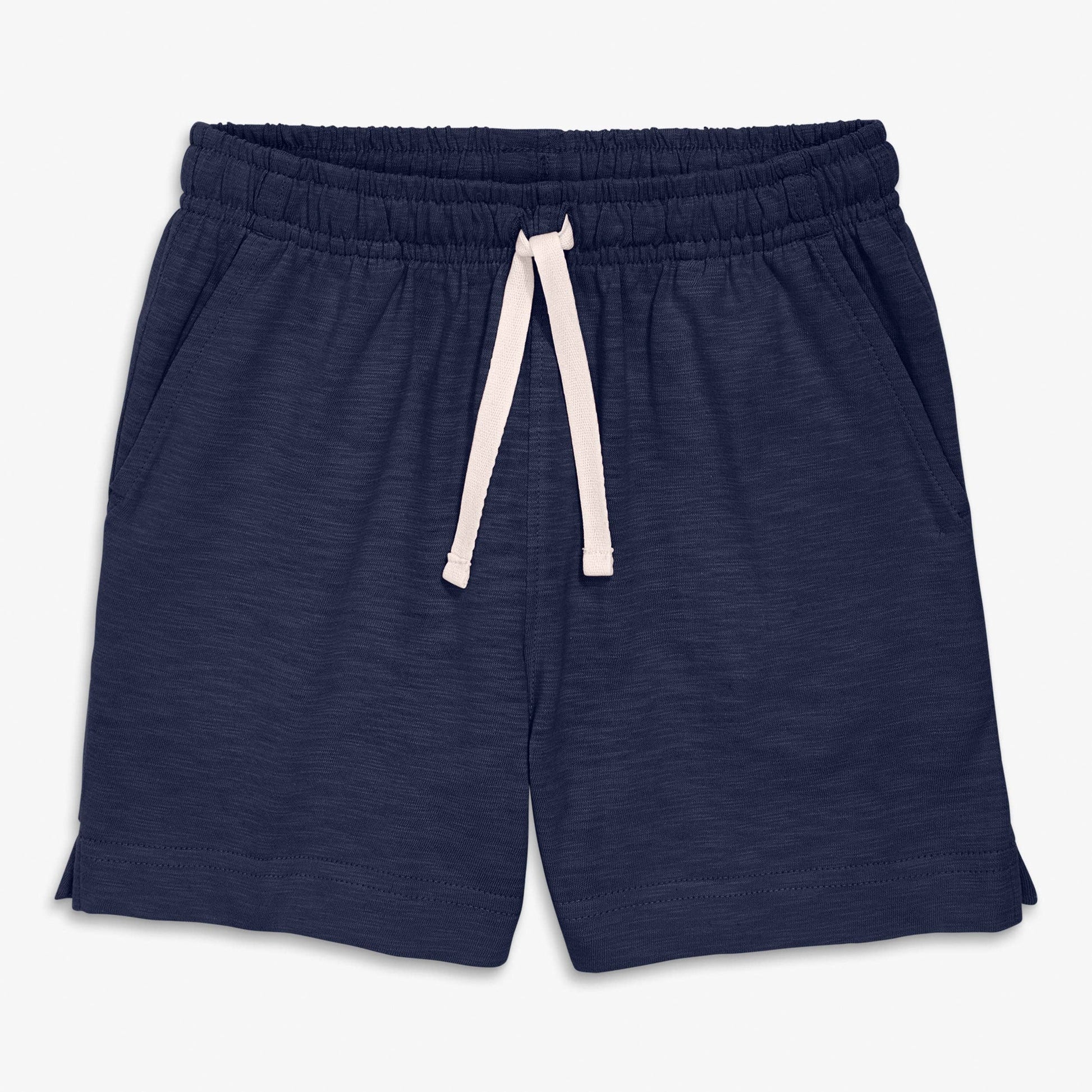 Navy blue shorts with a white drawstring on a light gray background