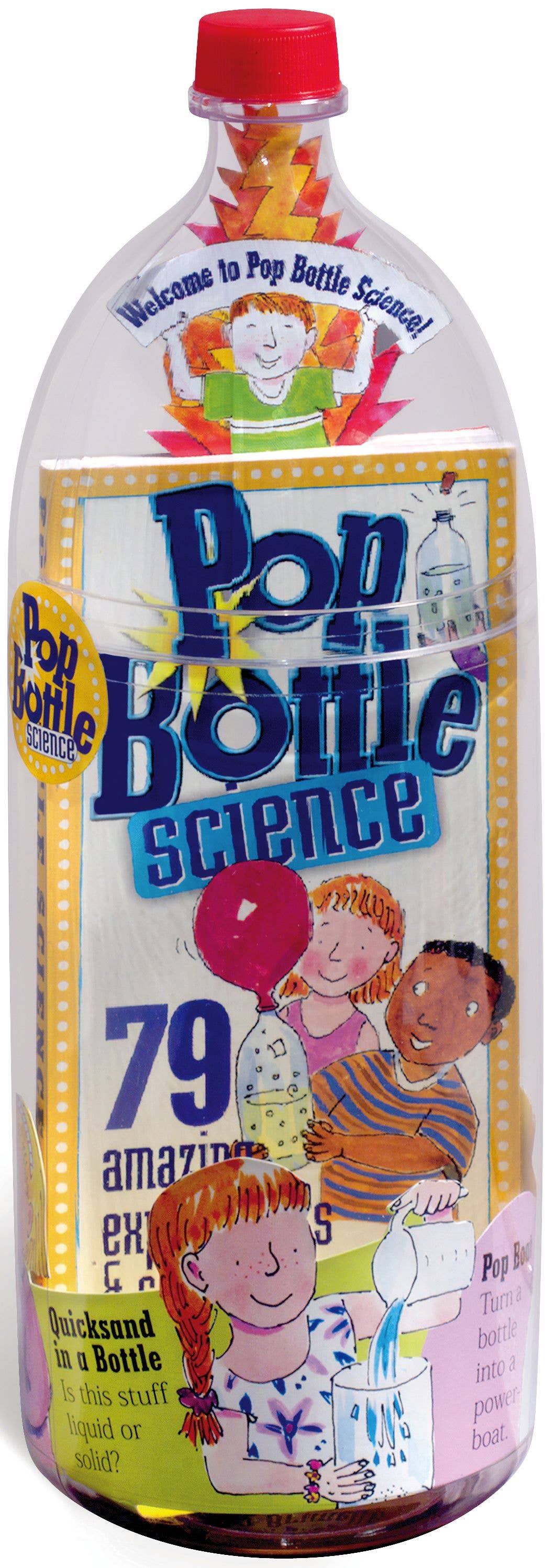 Pop Bottle Science experiment kit with colorful label featuring children and a red cap.