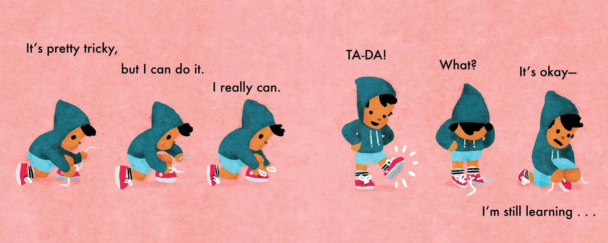 Illustration of a child in a hoodie with text on a pink background