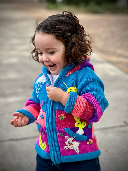 Aqua blue knit cardigan with hood