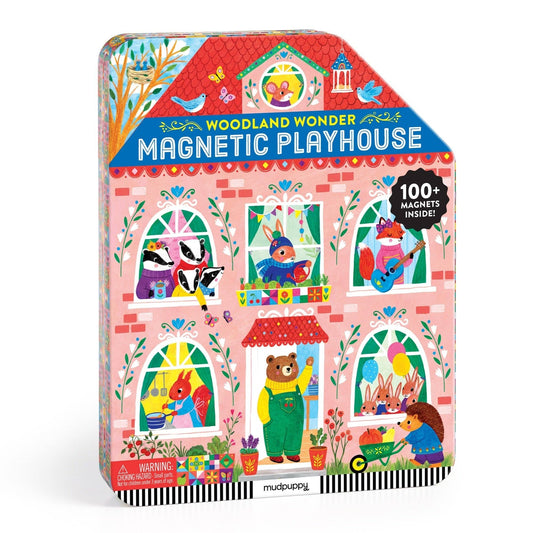Woodland Wonder Magnetic Playhouse packaging with colorful design and magnetic figures on a white background