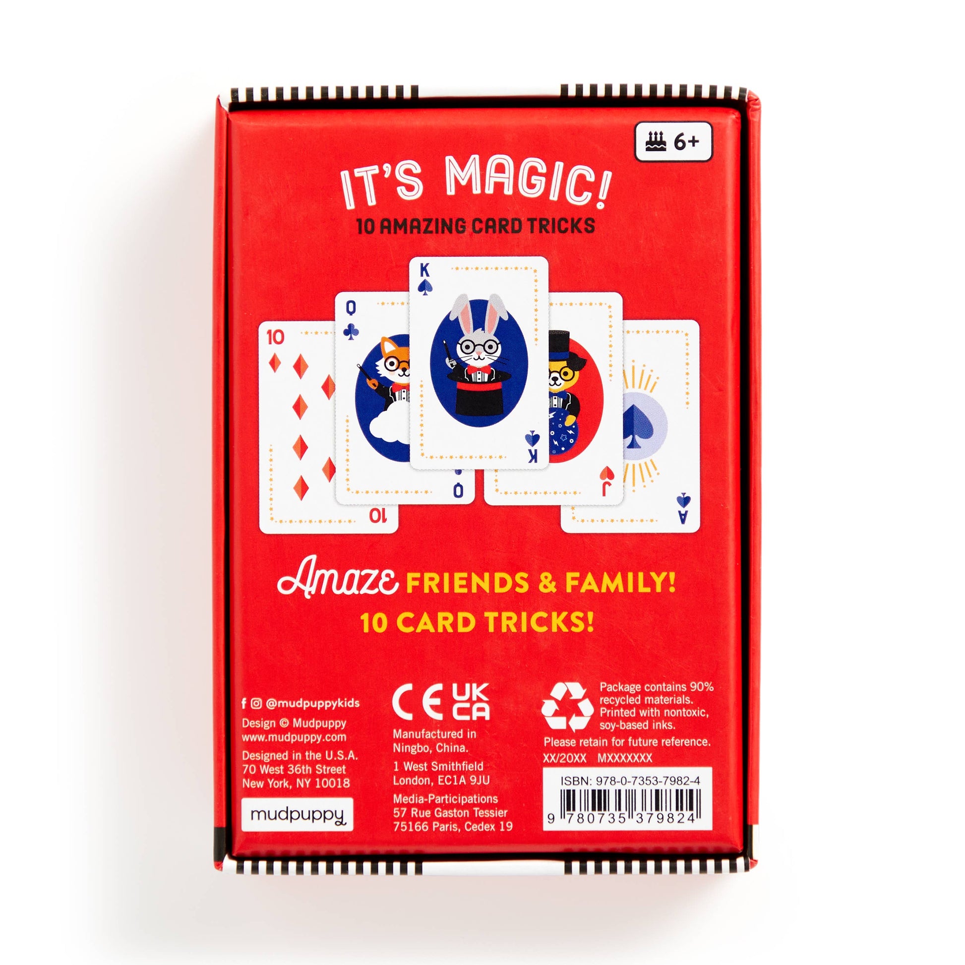 Red card game packaging with playing cards and text on a white background