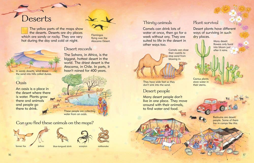 Educational page about deserts with illustrations and text.