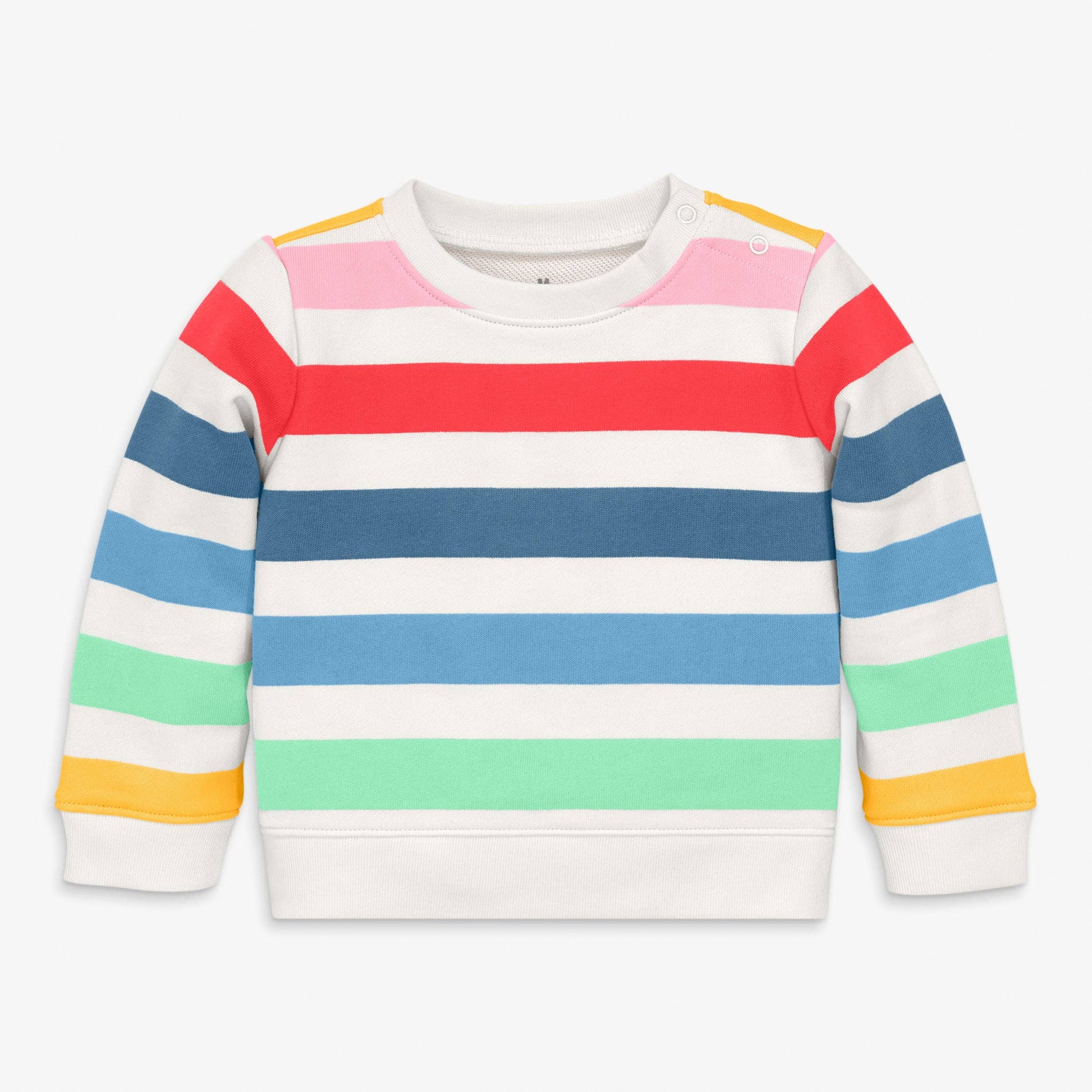 A children's long-sleeve crewneck sweatshirt with horizontal stripes in white, red, pink, navy, light blue, mint green, and yellow, shown on a light gray background.