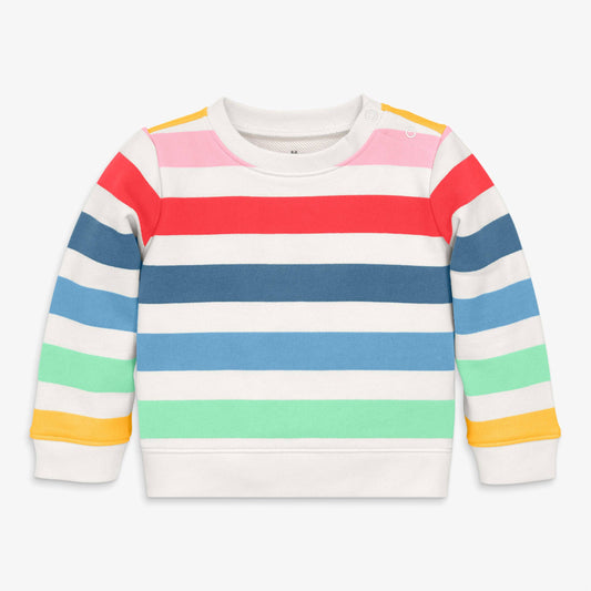 A children's long-sleeve crewneck sweatshirt with horizontal stripes in white, red, pink, navy, light blue, mint green, and yellow, shown on a light gray background.