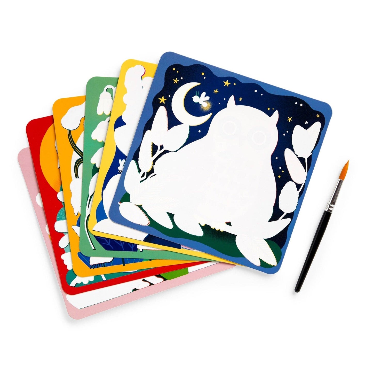 Set of colorful greeting cards with white rabbit illustrations on a white background