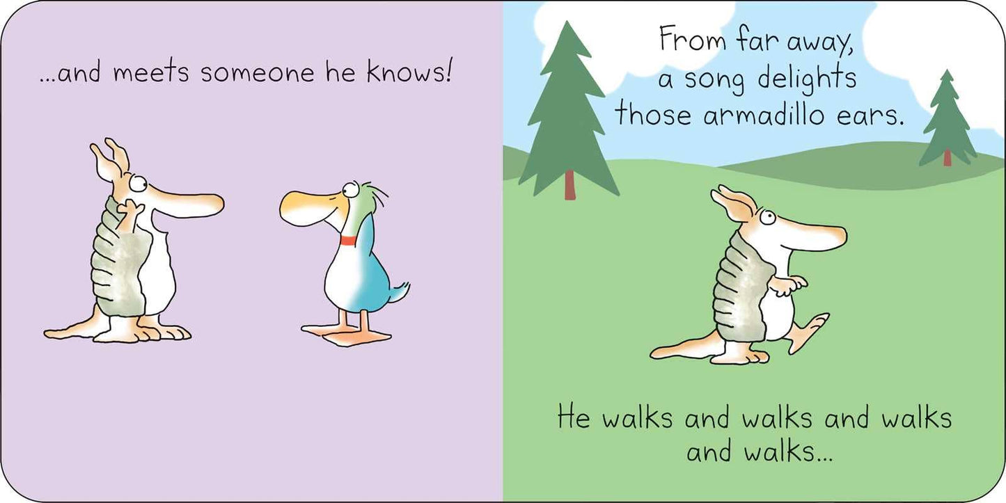 Comic strip with two armadillos and a duck in a grassy field with trees.
