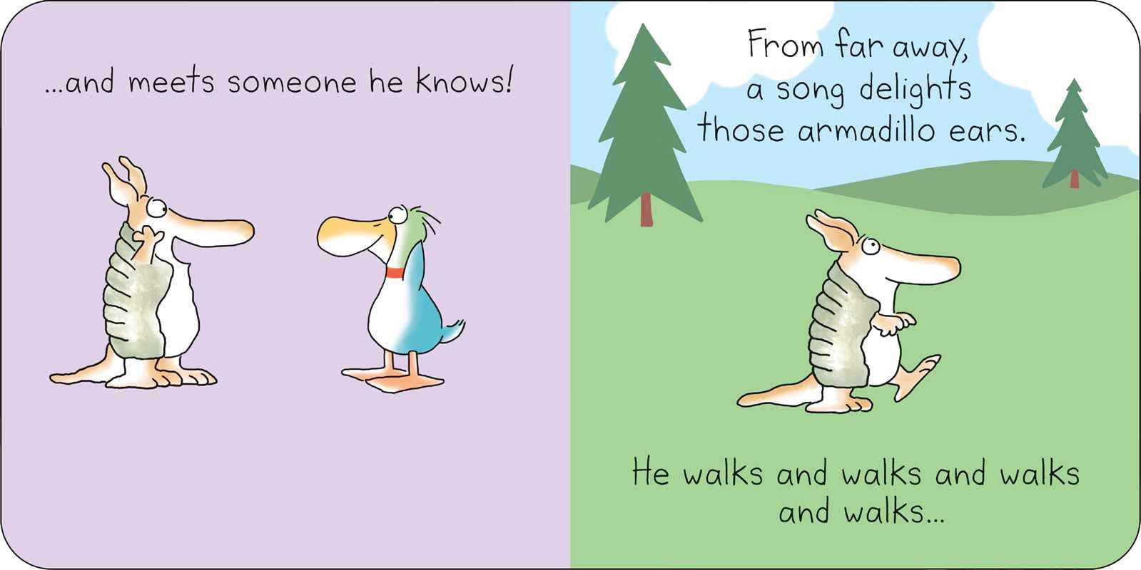 Comic strip with two armadillos and a duck in a grassy field with trees.