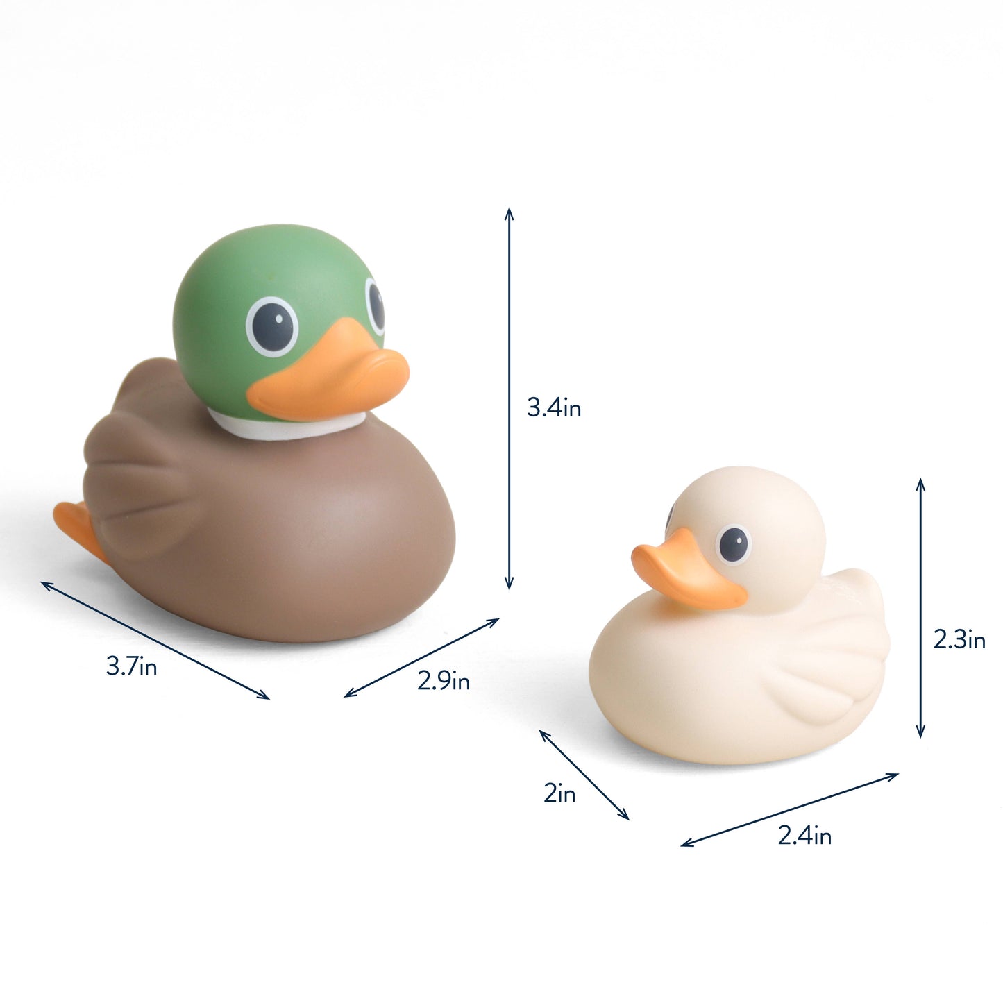 Two duck-shaped bath toys on a white background with dimension arrows and labels showing size measurements in inches.