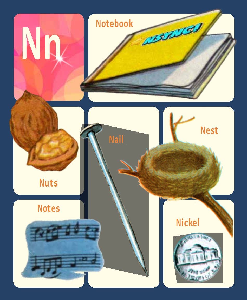 Educational flashcards with images and labels for 'Nuts', 'Notebook', 'Nail', 'Nest', 'Notes', and 'Nickel'.